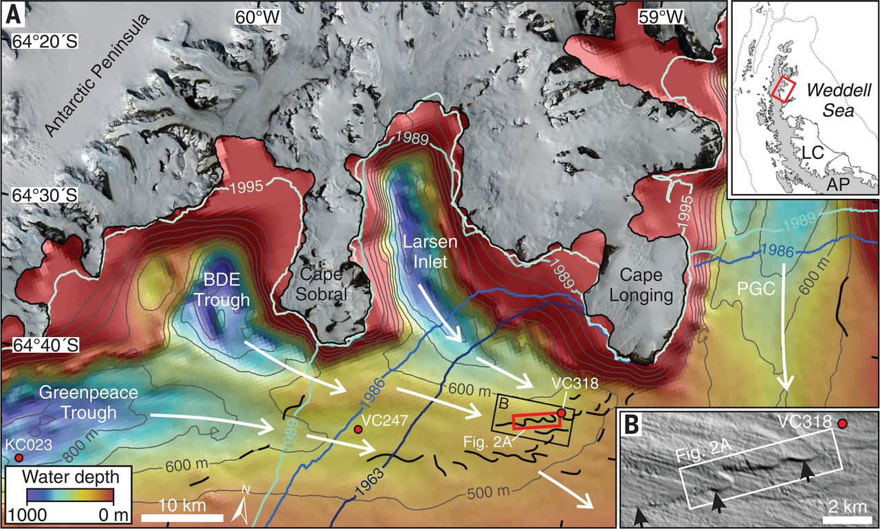 Beautiful seafloor landforms indicate past Antarctic grounding-line retreat of kilometers per twelve months