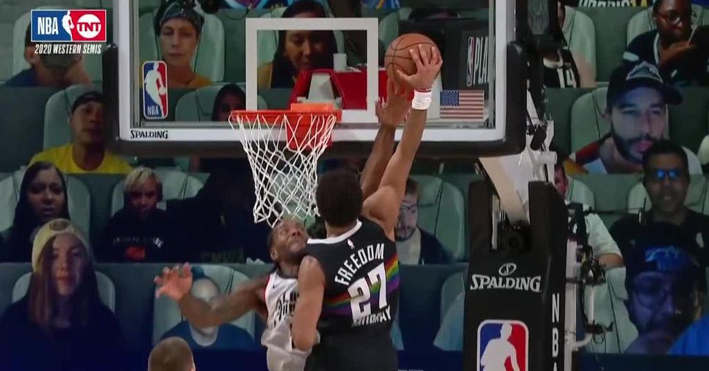 Kawhi Leonard blocked a dunk along with his heart finger within the 2020 NBA playoffs
