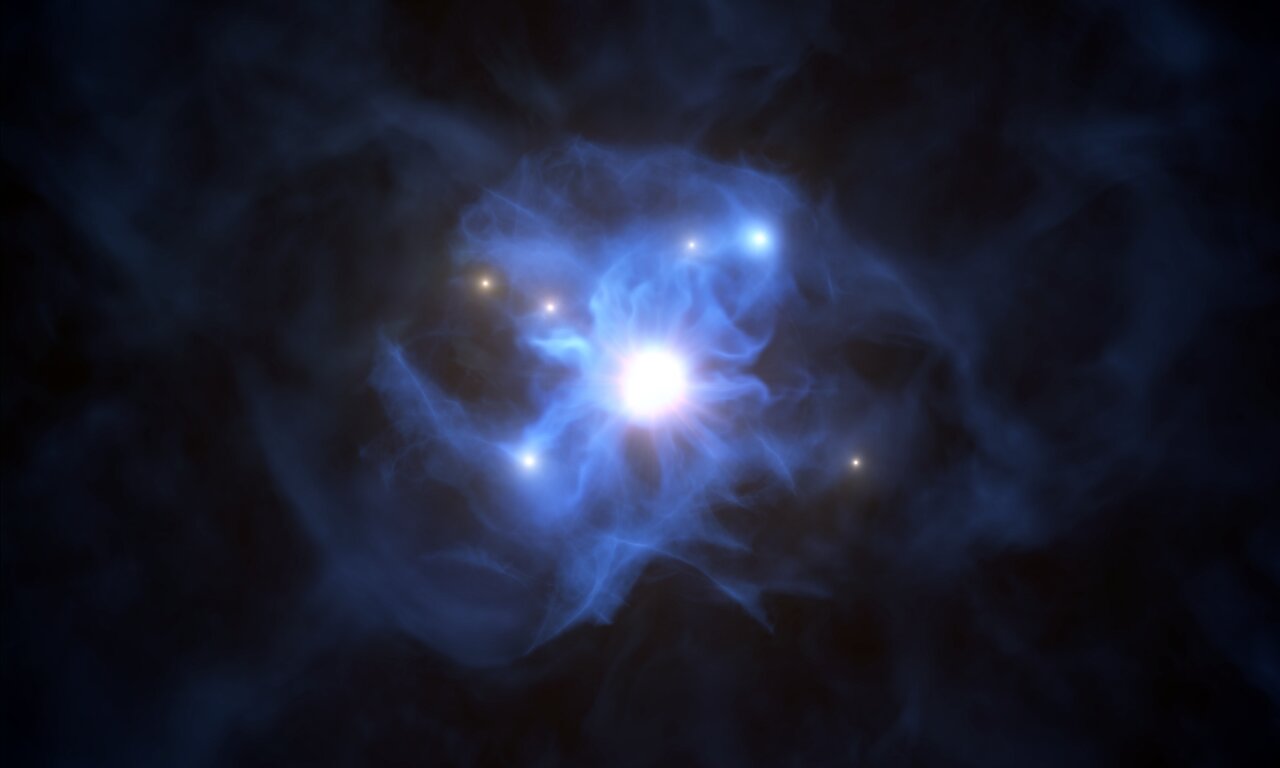 ‘Spider’s net’ traps six galaxies round supermassive unlit gap