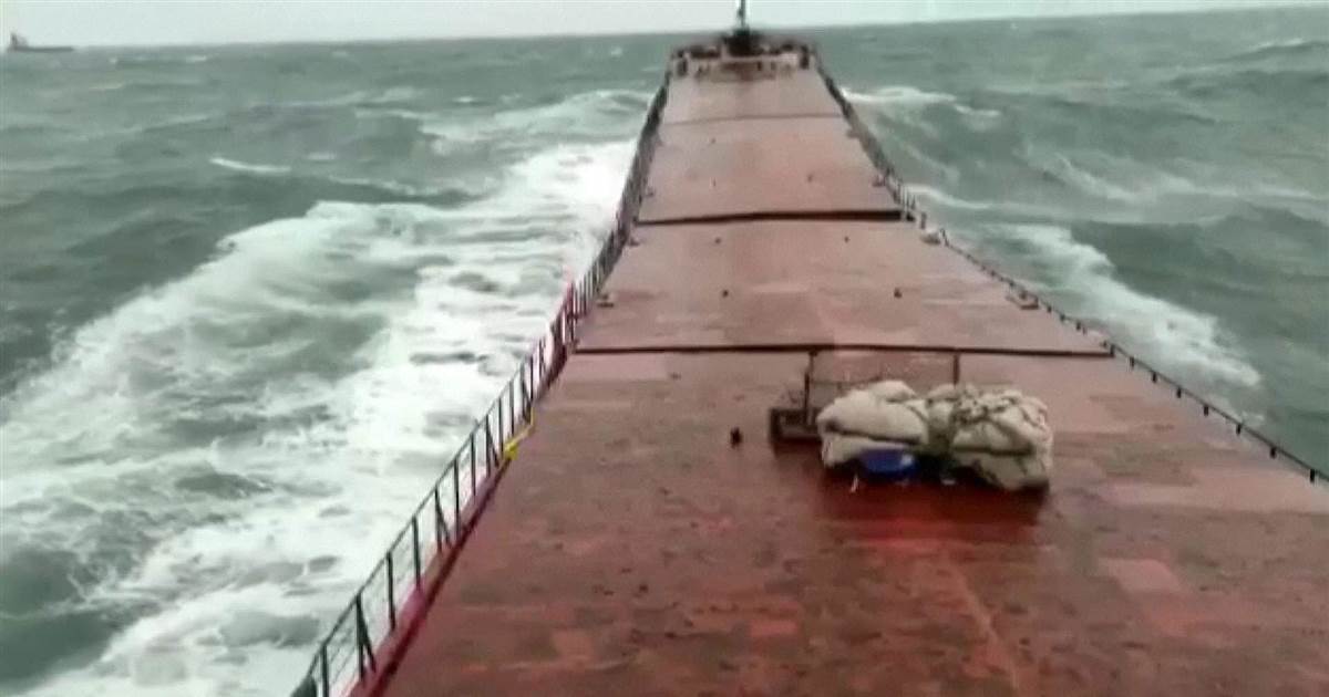 Onboard cameras grab moment ship breaks in two in heavy seas