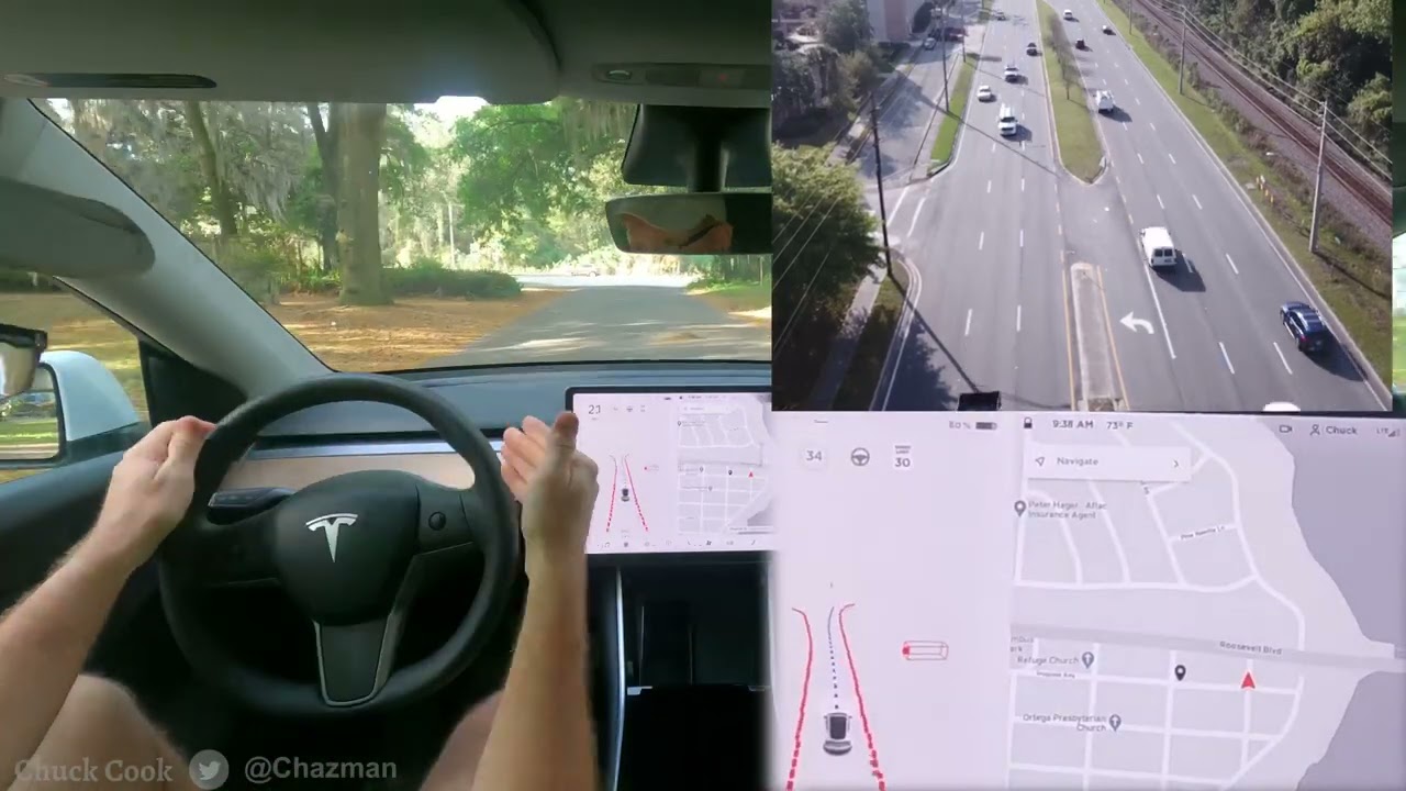 Drone photos of a man trying out out Tesla’s “Stout Self Using” Autopilot  on uprotected left turns