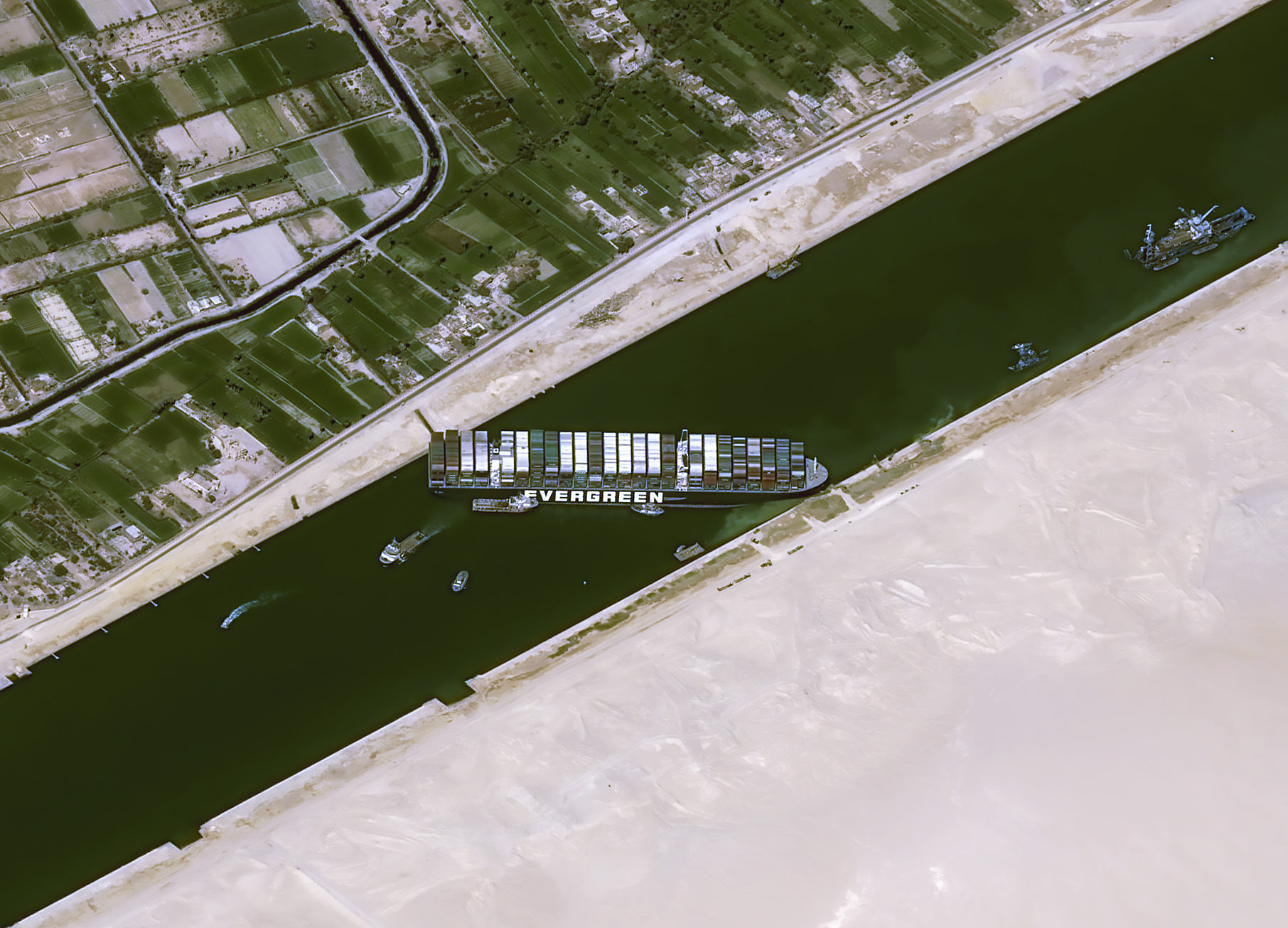 The substantial ship stuck in the Suez Canal is visible from home (satellite photos)