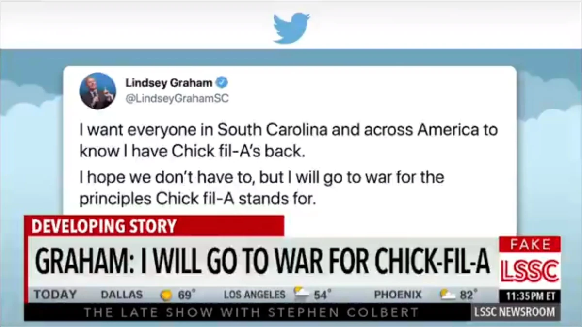 Colbert Channels Hit Movies to Mock Lindsey Graham’s Chick-fil-A Warmongering (Video)