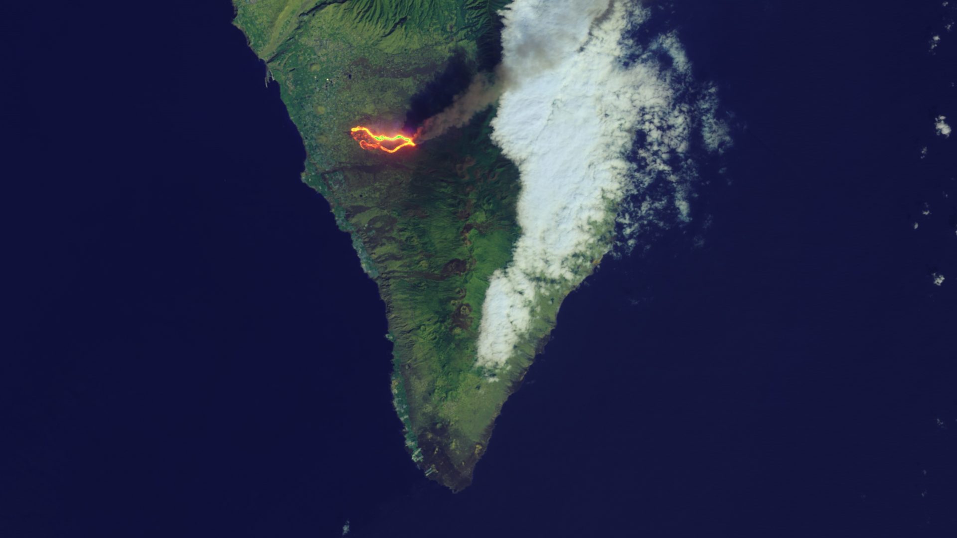 Vivid lava flows, smoke pour from La Palma volcano eruption in sleek Landsat photos