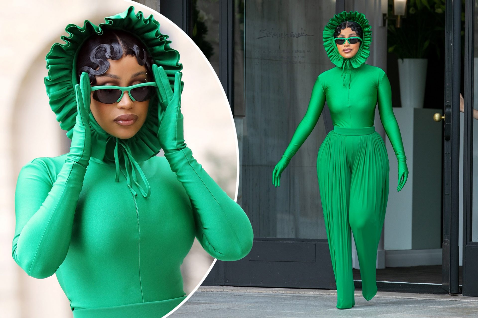 Cardi B goes inexperienced in Paris, rocks meme-unheard of catsuit with frilly bonnet