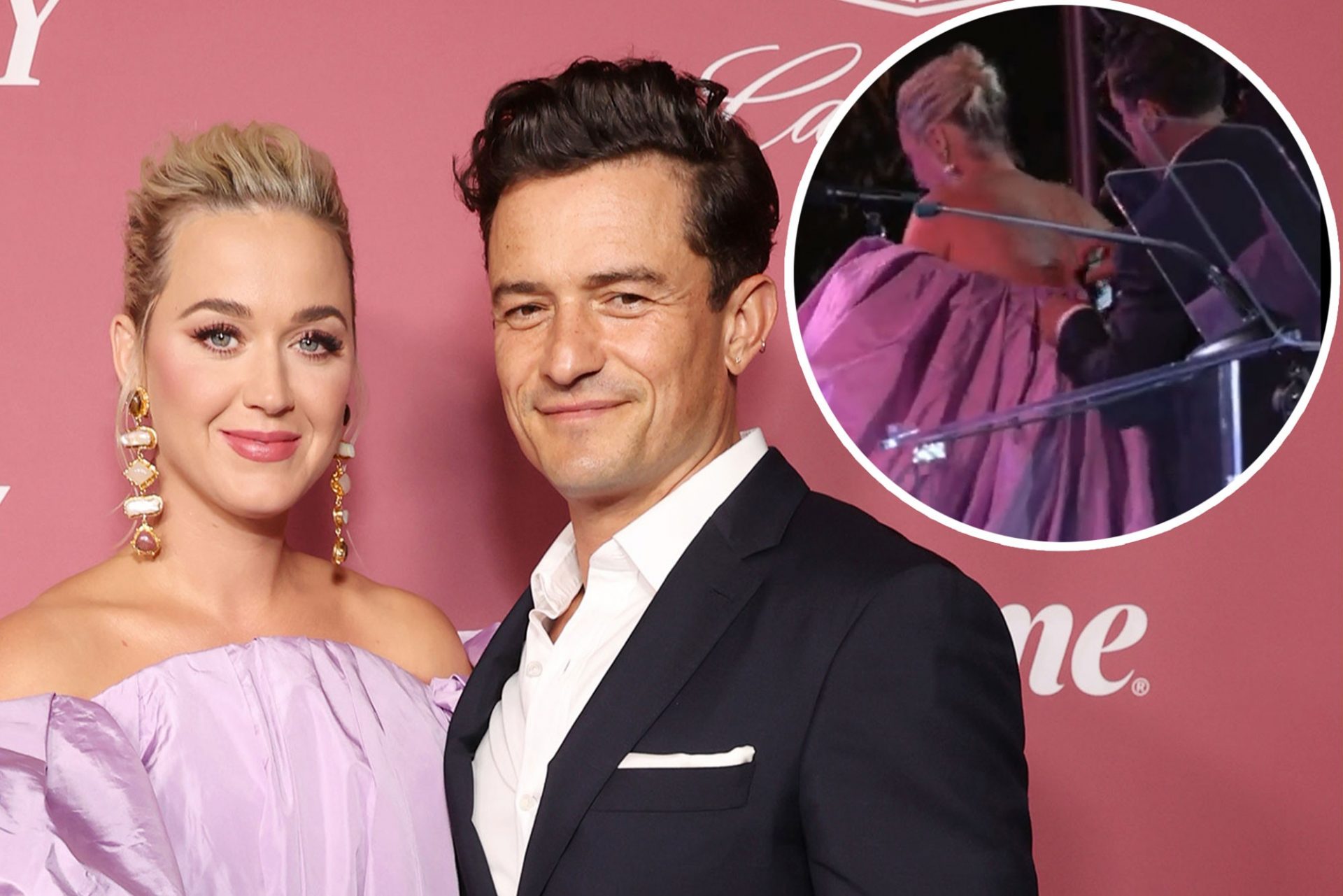 Orlando Bloom helps Katy Perry repair her costume at Vitality of Females event