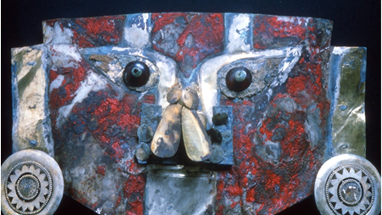 Dilapidated golden mask from Peru used to be painted with human blood